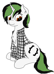 Size: 1438x1969 | Tagged: safe, artist:czaroslaw, oc, oc only, oc:czarie, pony, unicorn, 2020 community collab, chest fluff, derpibooru community collaboration, flannel shirt, male, simple background, sitting, solo, stallion, transparent background