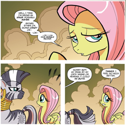 Size: 954x948 | Tagged: safe, artist:tonyfleecs, idw, fluttershy, zecora, pegasus, pony, zebra, friends forever, spoiler:comic, spoiler:comicff5, comic, cropped, duo, ear piercing, earring, female, jewelry, looking back, mare, neck rings, official comic, piercing, speech bubble, stare