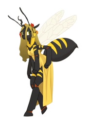 Size: 761x1050 | Tagged: safe, artist:carnifex, oc, oc only, oc:deciduous, anthro, bee, changeling queen, unguligrade anthro, anthro oc, beeling, changeling queen oc, clothes, dress, multiple arms, simple background, slit eyes, solo, species swap, white background, yellow changeling