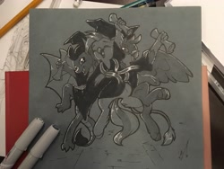 Size: 4032x3024 | Tagged: safe, artist:vistamage, gallus, silverstream, smolder, classical hippogriff, dragon, griffon, hippogriff, claws, dragoness, female, graduation cap, grayscale, hat, jumping, male, marker drawing, markers, monochrome, mortarboard, paws, scroll, traditional art, trio, wings