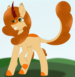 Size: 1858x1895 | Tagged: safe, artist:dyonys, oc, oc:pumpkin soup, kirin, female, kirin oc, raised hoof, raised tail, simple background, smiling, solo, tail