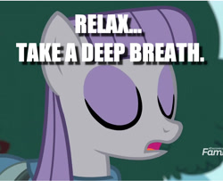 Size: 1339x1085 | Tagged: safe, edit, edited screencap, screencap, maud pie, yakity-sax, advice, caption, cropped, image macro, meditating, meditation, text