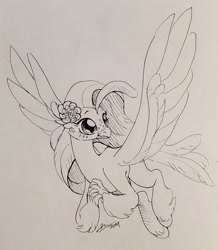 Size: 1280x1470 | Tagged: safe, artist:creeate97, princess skystar, hippogriff, my little pony: the movie, female, flower, flower in hair, flying, grayscale, ink drawing, monochrome, simple background, solo, traditional art, white background