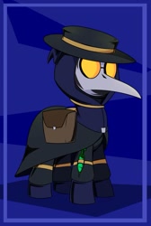 Size: 733x1091 | Tagged: safe, artist:flylash6009, oc, oc:aroma, pony, ambiguous gender, ambiguous species, leather hat, plague doctor, plague doctor mask, saddle bag, solo, syringe