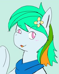 Size: 1626x2048 | Tagged: safe, artist:omegapony16, oc, oc only, oc:hermanus, earth pony, pony, blushing, bust, earth pony oc, eyebrows visible through hair, female, flower, green background, mare, neckerchief, raised hoof, simple background, smiling, solo, waving