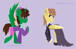Size: 1024x658 | Tagged: safe, artist:arcticleapordfrost, fluttershy, oc, oc:ferb fletcher, oc:frost d. tart, alicorn, pegasus, pony, alicorn oc, alternate hairstyle, clothes, cosplay, costume, crossdressing, eyeshadow, fluttergoth, glasses, hipstershy, makeup, pierced ears