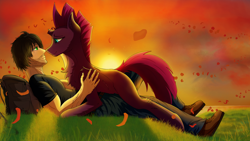 Size: 1920x1080 | Tagged: safe, artist:crimsonwolf360, tempest shadow, oc, human, pony, unicorn, backpack, boop, canon x oc, female, grass, human oc, mare, noseboop, ocean, rose petals, sunset, warm