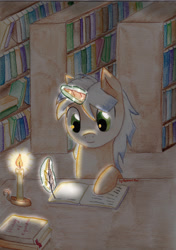 Size: 2679x3809 | Tagged: safe, artist:0okami-0ni, oc, oc only, book, bookshelf, candle, library, quill, solo, traditional art