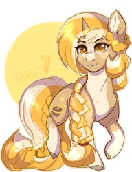 Size: 737x960 | Tagged: safe, artist:zakkurro, oc, oc:honeyside, elf pony, pony, unicorn, braid, colored hooves, ear piercing, horn ring, jewelry, looking at you, piercing, solo, unicorns as elves