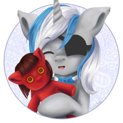 Size: 1000x1000 | Tagged: safe, artist:ekkosan, oc, oc:cinnamon pop, oc:sekr gray, pegasus, pony, unicorn, bowtie, doll, eyepatch, hugging a pony, plushie, toy, ych result