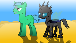 Size: 3840x2160 | Tagged: safe, artist:hybrid-changling, oc, oc only, oc:cloud calculation, changeling, pony, unicorn, fanfic:if you want something done right, changeling oc, desert, duo, fanfic art, fangs, frown, horn, male, stallion, unicorn oc