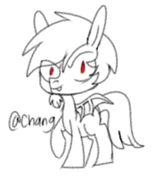 Size: 466x534 | Tagged: safe, artist:chang, oc, oc:quick draw, pony, bat wings, black and white, chibi, facial hair, fangs, goatee, grayscale, lineart, long ears, male, monochrome, red eyes, simple background, solo, white background, wings