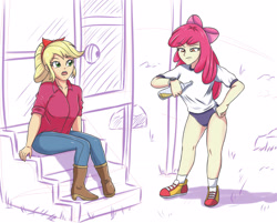 Size: 2834x2282 | Tagged: safe, artist:sumin6301, apple bloom, applejack, equestria girls, apple bloom's bow, apple sisters, bow, clothes, drink, female, hair bow, pants, shirt, shoes, siblings, sisters, sneakers, waiting