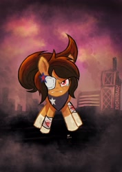 Size: 2063x2909 | Tagged: safe, artist:branewashpv, oc, oc:chilenia, earth pony, pony, angry, chile, eyepatch, injured, red eyes, smog, teary eyes, torre telefonica, white hooves