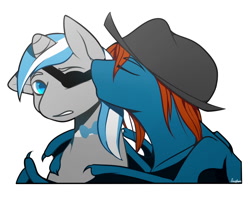 Size: 1472x1161 | Tagged: safe, artist:anfytamin, oc, oc:ace ambiance, oc:sekr gray, bat pony, pony, unicorn, bowtie, eyepatch, fedora, gay, hat, hug, kissing, male, shipping, stallion, winghug