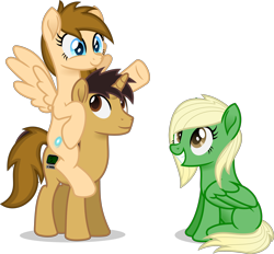 Size: 3600x3346 | Tagged: safe, artist:peahead, oc, oc only, oc:data wave, oc:stellar winds, pegasus, pony, unicorn, blue eyes, brown eyes, female, grin, happy, high res, male, mare, piggyback ride, ponies riding ponies, raised hoof, riding, simple background, sitting, smiling, spread wings, stallion, transparent background, transparent mane, trio, vector, wings