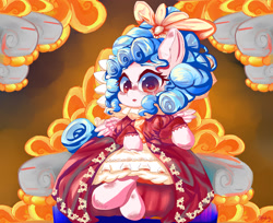 Size: 2100x1714 | Tagged: safe, artist:velcius, cozy glow, pegasus, pony, clothes, dress, elizabethan collar, female, filly, queen, sitting