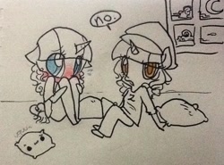 Size: 856x634 | Tagged: safe, artist:laceymod, oc, oc:lovelace, oc:loveless (laceymod), anthro, unicorn, ask lovelace, blushing, clothes, female, hat, mare, traditional art