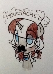 Size: 408x565 | Tagged: safe, artist:laceymod, pony, unicorn, ask lovelace, fake moustache, female, mare, solo, traditional art