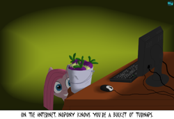 Size: 700x480 | Tagged: safe, artist:quint-t-w, mr. turnip, pinkie pie, earth pony, pony, bucket, caption, computer, computer monitor, computer mouse, creepy, creepy smile, image macro, keyboard, meme, monitor, old art, on the internet nobody knows you're a dog, pinkamena diane pie, shadows, smiling, straight hair, text, turnips