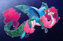 Size: 5100x3300 | Tagged: safe, artist:turnipberry, pinkie pie, alligator, draconequus, absurd resolution, alternate universe, blue background, dark background, description, description at source, description is relevant, draconequified, eyes closed, female, fluffy mane, horn, horn ring, pinkonequus, simple background, solo, species swap, yak horns