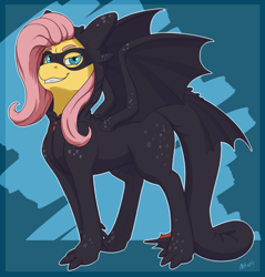 Size: 1614x1689 | Tagged: safe, artist:ailoy4, fluttershy, dragon, pegasus, pony, clothes, costume, female, how to train your dragon, mare, night fury, simple background, smiling, solo