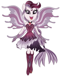 Size: 358x437 | Tagged: safe, artist:rabyruen, oc, oc only, oc:riarallula, hybrid, kelpie, equestria girls, antagonist, clothes, coat markings, digital art, disguise, disguised siren, dress, equine water spirit, female, fins, fish tail, gem, humanized, oc villain, open mouth, pink skin, pony ears, ponytail, purple eyes, purple eyeshadow, simple background, singing, sirelpie, siren gem, solo, sparkling dress, sparkling purple dress, transparent background, wings