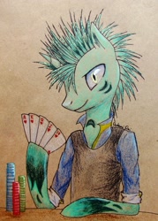 Size: 1995x2792 | Tagged: safe, artist:0okami-0ni, oc, oc only, semi-anthro, card, clothes, playing card, poker, poker chips, royal flush, solo, traditional art