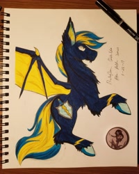 Size: 3024x3780 | Tagged: artist needed, safe, oc, oc only, oc:coldtoon, bat pony, pony, bat pony oc, photo, solo, standing up, traditional art, wings stretched