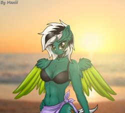 Size: 3128x2828 | Tagged: safe, artist:maxiclouds, oc, anthro, pegasus, beach, belly button, bikini, bikini top, blushing, breasts, clothes, collar, ear piercing, female, looking at you, piercing, sarong, smiling, solo, sunset, swimsuit