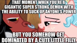 Size: 1024x576 | Tagged: safe, edit, edited screencap, screencap, cozy glow, lord tirek, centaur, pegasus, pony, frenemies (episode), age difference, caption, cozirek, female, femdom, filly, image macro, implied foalcon, interspecies, italian, straight, text