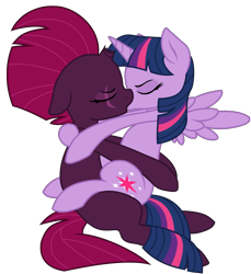 Size: 6365x6950 | Tagged: safe, artist:ejlightning007arts, artist:lullabyprince, tempest shadow, twilight sparkle, twilight sparkle (alicorn), alicorn, pony, unicorn, base used, broken horn, eye scar, eyes closed, female, horn, kissing, lesbian, scar, shipping, simple background, sitting, tempestlight, transparent background, vector, wings