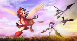 Size: 2207x1196 | Tagged: safe, artist:limreiart, oc, oc:scrappy rug, pegasus, pony, zebra, fanfic art, flying