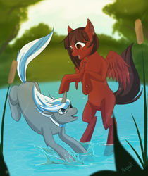 Size: 4404x5246 | Tagged: safe, artist:nougat, oc, oc:cinnamon pop, oc:sekr gray, pony, unicorn, bowtie, cattails, eyepatch, lake, missing cutie mark, sekramon, shipping, splashing, splashing ponies, ych result