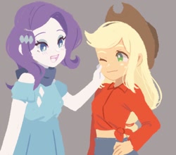 Size: 1050x924 | Tagged: safe, artist:tmntchiyo, applejack, rarity, equestria girls, clothes, cowboy hat, cute, dress, female, gray background, hat, jackabetes, lesbian, one eye closed, raribetes, rarijack, shipping, simple background