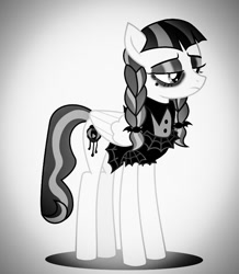 Size: 692x792 | Tagged: safe, edit, editor:undeadponysoldier, inky rose, pegasus, pony, black and white, clothes, dress, eyeliner, female, goth, gothic eyeliner, grayscale, makeup, mare, monochrome, pigtails, simple background, solo, unamused