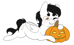 Size: 3300x2000 | Tagged: safe, artist:veincchi, oc, oc:golden note, pegasus, pony, commission, eyes closed, glasses, halloween, happy, holiday, jack-o-lantern, pumpkin, simple background, solo, transparent background, ych result, your character here