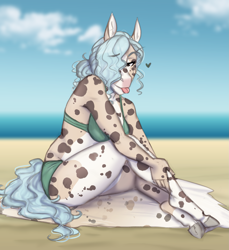 Size: 1623x1773 | Tagged: safe, artist:askbubblelee, oc, oc only, oc:opal ocean, anthro, selkie, unguligrade anthro, anthro oc, bikini, clothes, coat markings, hair over one eye, heart, pale belly, ponytail, sitting, smiling, solo, spots, swimsuit, thick, tongue out, wavy mane