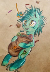 Size: 1420x2048 | Tagged: safe, artist:0okami-0ni, oc, oc only, candy bag, hypnosis, hypnotized, solo, traditional art