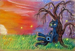 Size: 2973x2049 | Tagged: safe, artist:0okami-0ni, solo, sunset, traditional art, tree