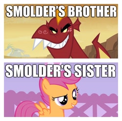 Size: 1540x1525 | Tagged: safe, edit, edited screencap, screencap, garble, scootaloo, dragon, pegasus, pony, sweet and smoky, brother, caption, female, filly, foal, image macro, implied smolder, male, siblings, sister, text, theory