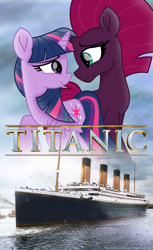 Size: 2455x4000 | Tagged: safe, artist:ejlightning007arts, tempest shadow, twilight sparkle, twilight sparkle (alicorn), alicorn, pony, unicorn, broken horn, female, horn, lesbian, looking at each other, poster, ship, shipping, tempestlight, this will end in death, titanic