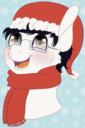 Size: 641x957 | Tagged: safe, artist:sparky, oc, oc:golden note, pony, bust, christmas, clothes, glasses, hat, holiday, santa hat, scarf, smiling, snow, snowflake, solo