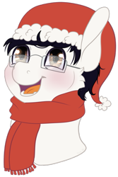 Size: 641x957 | Tagged: source needed, useless source url, safe, alternate version, artist:sparky, oc, oc:golden note, pony, background removed, bust, christmas, clothes, glasses, hat, holiday, santa hat, scarf, simple background, smiling, solo, transparent background