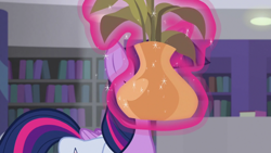 Size: 1920x1080 | Tagged: safe, screencap, twilight sparkle, twilight sparkle (alicorn), alicorn, pony, the point of no return, book, bookshelf, library, plant, saddle bag, solo