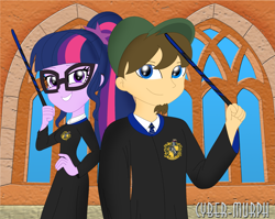 Size: 2727x2176 | Tagged: safe, artist:cyber-murph, sci-twi, twilight sparkle, oc, oc:unknown, equestria girls, commission, crossover, facial hair, glasses, goatee, hand on hip, harry potter, hat, hogwarts, hufflepuff, ponytail, ravenclaw, signature, wand, wizard robe