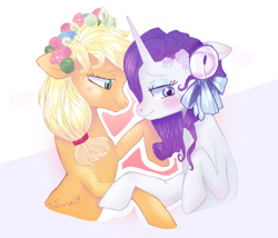 Size: 884x757 | Tagged: safe, artist:lunccii, derpibooru import, applejack, rarity, earth pony, pony, unicorn, blushing, female, flower, flower in hair, lesbian, mare, marriage, rarijack, shipping, wedding