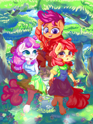 Size: 1800x2400 | Tagged: safe, artist:velcius, apple bloom, scootaloo, sweetie belle, anthro, earth pony, pegasus, pony, semi-anthro, unicorn, clothes, cutie mark crusaders, flower, forest, open mouth, traditional art, tree