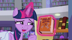 Size: 1920x1080 | Tagged: safe, screencap, pokey pierce, sea swirl, seafoam, twilight sparkle, twilight sparkle (alicorn), alicorn, pony, the point of no return, book, bookshelf, library, saddle bag