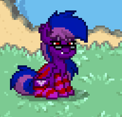 Size: 257x247 | Tagged: safe, artist:sevenxninja, derpibooru exclusive, oc, oc only, oc:lavender twirl, bat pony, pony, bat pony oc, clothes, dirt, glasses, grass, pony town, socks, solo, striped socks, water